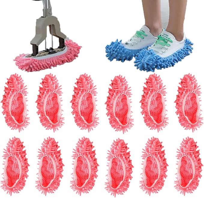 6 Pairs (12 Pieces) Dust Mop Slippers Shoe Cover Multi-Function Soft Washable Reusable Floor Cleaning Shoe Cover House Kitchen Office Cleaning Tools (Pink)
