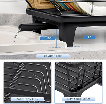 Urackify Dish Drying Rack for Kitchen Counter, Sink Dish Rack with Drainboard 12.2" W x 16.5" L, Large Dish Drainer with Cutlery Holder, Home Countertop Plate Dryer Storage Rack, Black