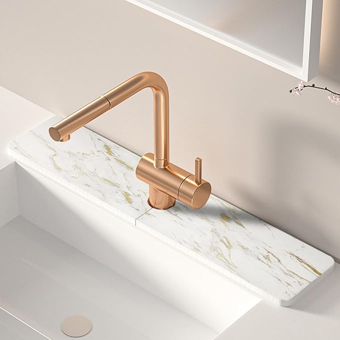 Kitchen Sink Faucet Mat, Diatomaceous Earth Quick Dry Sink Splashback Drying Mat, Kitchen Faucet Super Absorbent Mat, Quick-Drying Water Absorbing Stone Tray (Golden Marble, 23.6" x 3.9")
