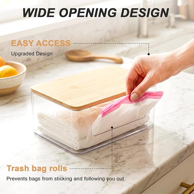 2 Pack Trash Bag Holder, Stackable Garbage Bag Dispenser with Bamboo Lid – Clear Plastic Organizer, Space-Saving Under Sink Storage for Kitchen, Laundry Room, Pantry & Cabinet
