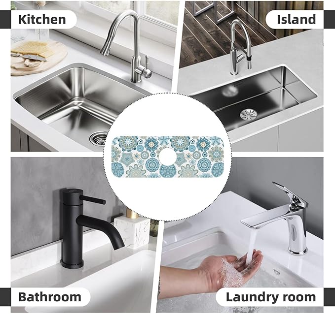 Mandala Boho Blue Flower 15" X 5.5" Kitchen Sink Splash Guard Faucet Faucet Guard Draining Mat Sink Splash Guard Faucet Kitchen Bathroom