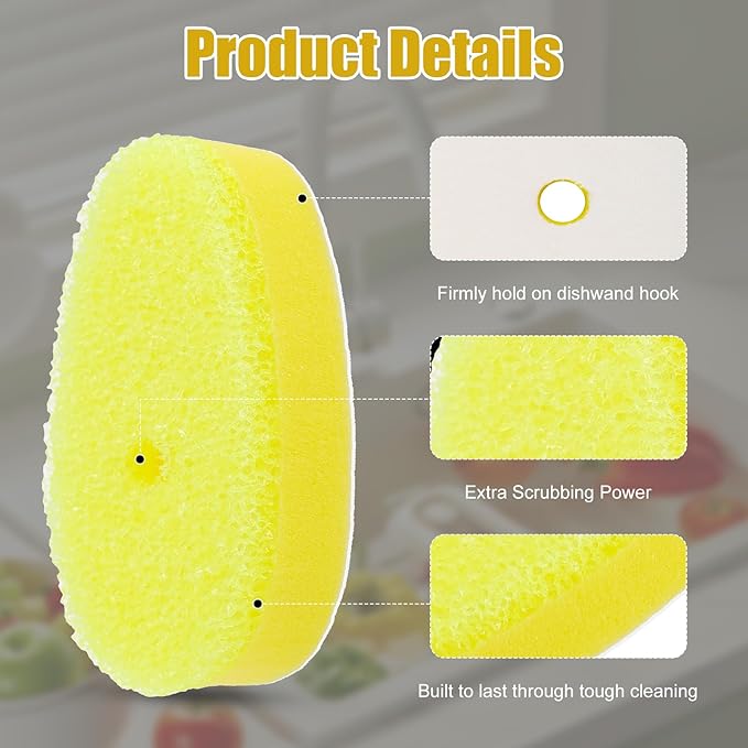 6 Packs Refill Heads Compatible with Dish Daddy, Non-Scratch Wand Refill Sponge Heads Compatible with Scrub Daddy, Upgrade Much Thicker and Durable, Pots & Pans, Yellow