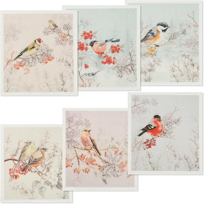 6Pcs Swedish Dishcloths for Kitchen, Quick-Drying Reusable Paper Towels, Absorbent Washable Kitchen Dish Rags, Soft Cellulose Sponge Cloths for Countertop Sink Flower Bird (6pcs Chinese Style Birds)