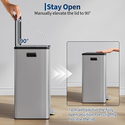16 Gallon/60 L Dual Trash Can, Stainless Steel Garbage Can with Soft-Close Lid & Step Pedal, 2 x 8 Gallon Commercial Double Recycling Bin with 2 Removable Inner Buskets for Kitchen Office, Silver