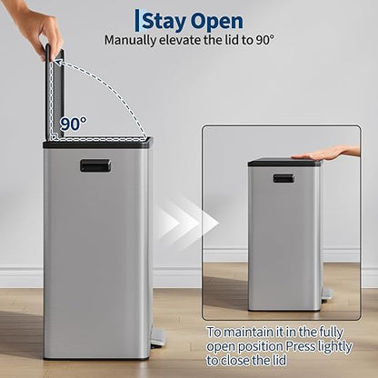 16 Gallon/60 L Dual Trash Can, Stainless Steel Garbage Can with Soft-Close Lid & Step Pedal, 2 x 8 Gallon Commercial Double Recycling Bin with 2 Removable Inner Buskets for Kitchen Office, Silver