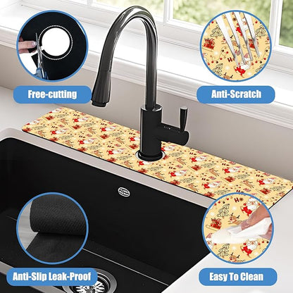 Chrismas Sink Splash Guard Faucet Mat Cute Christmas Absorbent Fast Drying Mat Sink Gadgets Splash Guard Behind Faucet Drip Catcher for Kitchen Bathroom 23.5"X5.5"