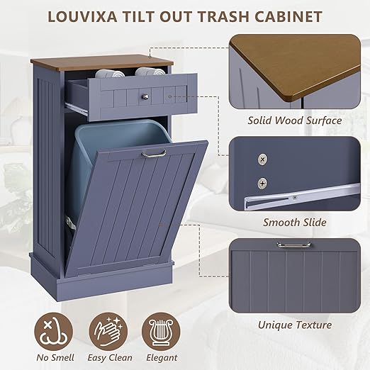 LOUVIXA Tilt Out Trash Can Cabinet, Hidden Trash Cabinet with Drawer, Wooden Dog Proof Trash Can Holder, Tilt Out Laundry Hamper, Garbage Can Holder (Gray-Blue)