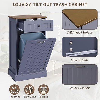 LOUVIXA Tilt Out Trash Can Cabinet, Hidden Trash Cabinet with Drawer, Wooden Dog Proof Trash Can Holder, Tilt Out Laundry Hamper, Garbage Can Holder (Gray-Blue)