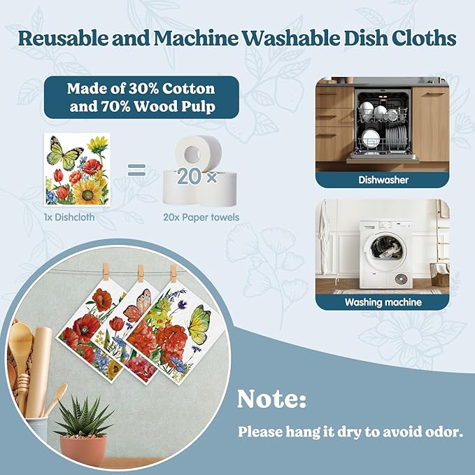 Swedish Dishcloths for Kitchen, Butterfly Floral Summer Dish Rags Kitchen Dish Towels for Washing Dishes, 4 Pack Reusable Paper Towels, Sponge Cloths for Home Cleaning Baking Cooking