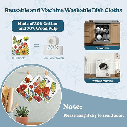 Swedish Dishcloths for Kitchen, Butterfly Floral Summer Dish Rags Kitchen Dish Towels for Washing Dishes, 4 Pack Reusable Paper Towels, Sponge Cloths for Home Cleaning Baking Cooking