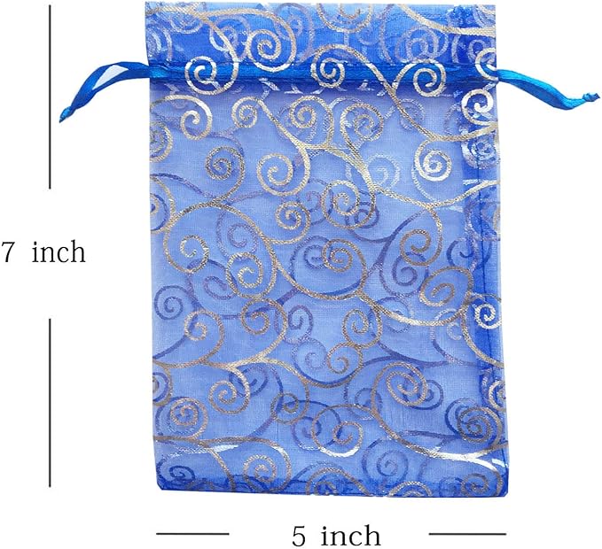 100 Pieces Per Pack 5x7 inch Gift Wrap Bags Blue Rattan, Organza Sheer Transparent Fabric, Drawstring Treat Bags for Baby Shower Favor, House Party Favors, Bridal Shower Favors, Lipsense Holder, Toys