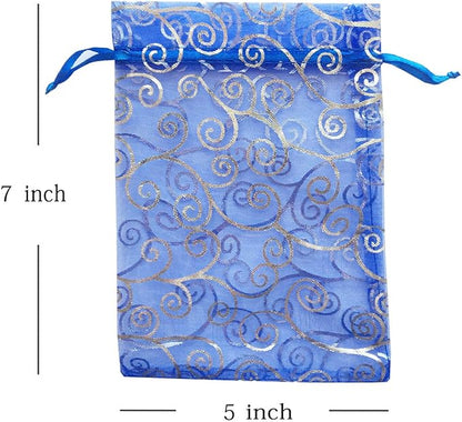 100 Pieces Per Pack 5x7 inch Gift Wrap Bags Blue Rattan, Organza Sheer Transparent Fabric, Drawstring Treat Bags for Baby Shower Favor, House Party Favors, Bridal Shower Favors, Lipsense Holder, Toys