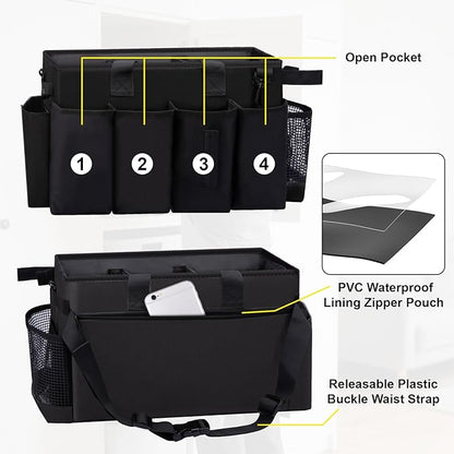 Wearable Large Cleaning Caddy Bag for Housekeeper, Clean Supply Organizer with Adjustable Shoulder, Waist & Handle Straps, Detailing Bag for Kitchen Supplies (Black)