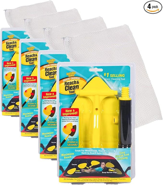 Invisible Glass 95160 Reach & Clean GlassWindshieldCleaner ToolKit With ExtendableHandle, ReusableQuickChange Microfibers,StorageBag for AutoWindshield,Trucks, SUVs, RVs,Windows (Pack of 4)