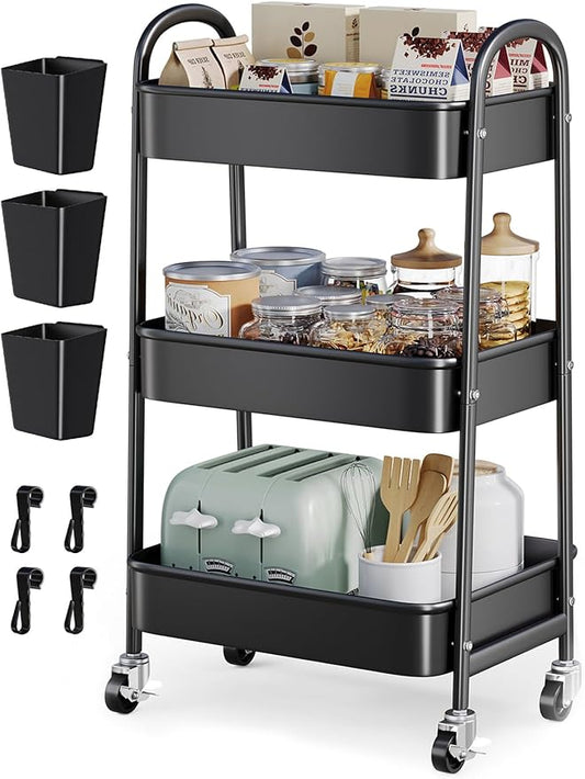 3 Tier Rolling Cart Metal with Wheels, Heavy Duty Three Tiered Rolling Storage Cart on Wheels, Black Utility Roller Carts Organizer for Baby, Art, Craft, Snack,Book, Nail, Diaper Caddy, Cleaning, Dorm