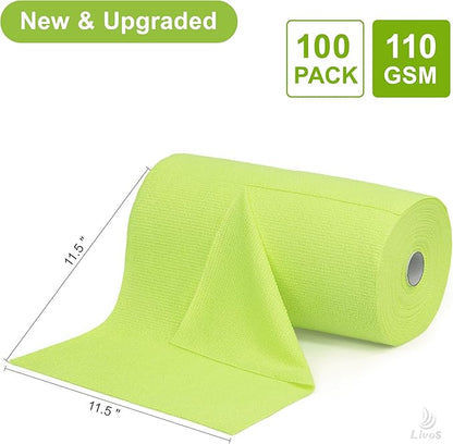 LIVOS Microfiber Cleaning Cloth Roll - 100 Pack, Reusable Paper Towels, Microfiber Towels for Car, Super Absorbent Cleaning Rags for House,Kitchen,Window-Green, 11.5"x11.5"|Lightweight, Quickly Dry