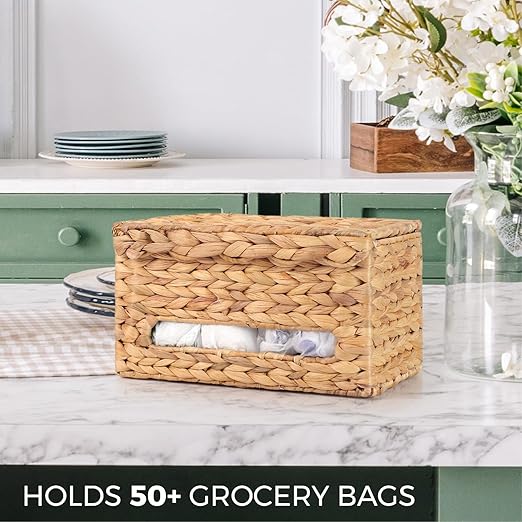 Trash Bag Holder with Scalloped Lid 13–30 Gallon Trash Bag Roll Holder Wall Mount Garbage Bag Dispenser for Kitchen, Cabinet (1, Light Brown)