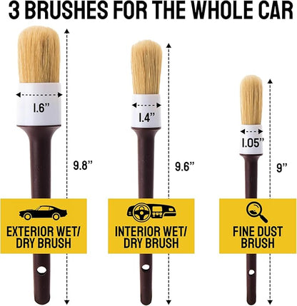 Detail Dudes Car Detailing Brush Set 3-pc - Scratch-Free Boars Hair for Interior and Exterior Work - Pro Quality Car Cleaning Brush Kit for Leather Seats, Dashboards, Wheels, Grills and Paint