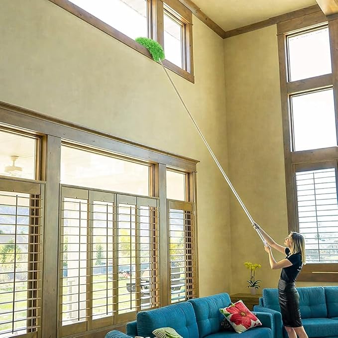 Duster for Cleaning High Ceiling Fan (Green), AzunMicrofiber Feather Duster with 30" to 100" TelescopingExtension Pole, Long Extendable Duster for Home CarFurniture Cobweb