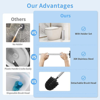Stainless Steel Toilet Brush and Holder Set Brushed Silver Heavy Duty Toilet Bowl Brush with Long Handle for Bathroom and Farmhouse (Silver)