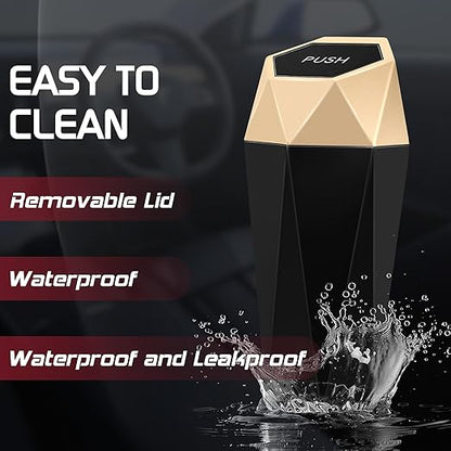 Car Trash Can with Lid, Mini Car Trash Cup with 30 Additional Trash Bags, Car Accessories for Interior, Leakproof Vehicle Garbage Bin for Car, Home, Office - 2 Packs, Gold