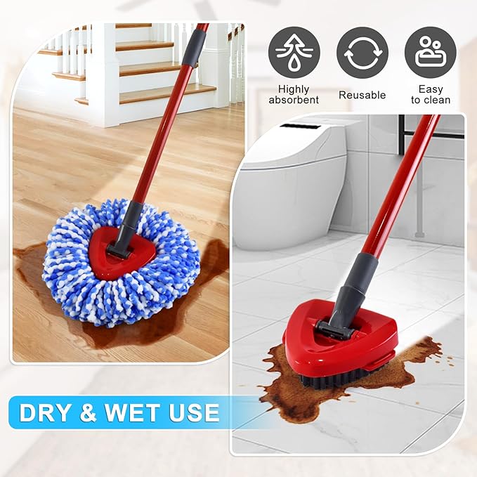 Mop Head Replacement for O Cedar, Spin Mop Replacement Head for Ocedar Easywring 2 Tank System, Mop Heads Includeds 4 Mop Replacement Heads , 1 Spin Scrub Brush & 1 Base