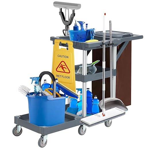 Garvee Commercial Janitorial Cleaning Cart on Wheels, Traditional Janitorial Cart with Cover and Vinyl Bag, Custodial Cart, 3-Shelf Housekeeping Carts for Hotels, Stores, Schools, and Business