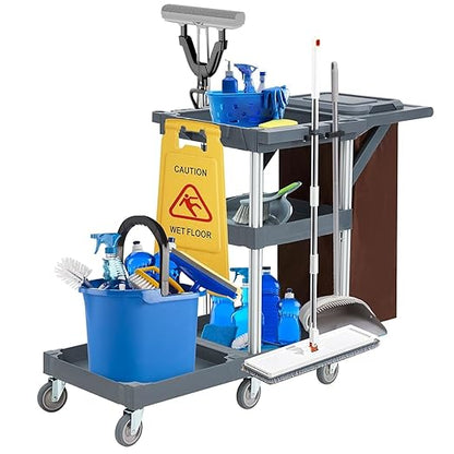 Garvee Commercial Janitorial Cleaning Cart on Wheels, Traditional Janitorial Cart with Cover and Vinyl Bag, Custodial Cart, 3-Shelf Housekeeping Carts for Hotels, Stores, Schools, and Business