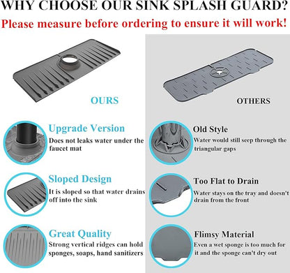 YATOISUR Sink Splash Guard 14.4” x 5.4” - Sink Faucet Mat with Faucet Water Catcher Mat & Soap Dish & Sponge Holder 3 in 1 - Silicone Faucet Handle Drip Catcher Tray for Kitchen RV & Bar Faucet, Grey