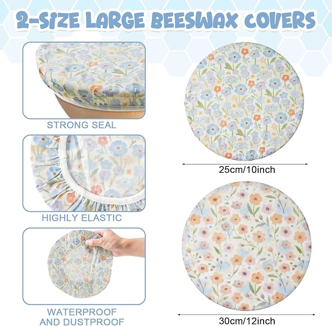 2-Pack Reusable Beeswax Bowl Covers with Floral Pattern, 10/12 Inch Elastic Cotton Food Storage Covers for Bread Proofing, Sourdough Dough & Kitchen Containers