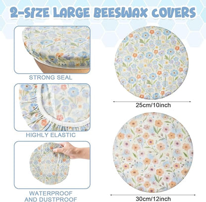 2-Pack Reusable Beeswax Bowl Covers with Floral Pattern, 10/12 Inch Elastic Cotton Food Storage Covers for Bread Proofing, Sourdough Dough & Kitchen Containers