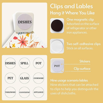 Eulnars Swedish Dishcloths for Kitchen, 8 Pack Watercolor Reusable Paper Towels with Clips, Non-Scratch Swedish Kitchen Towels, Super Absorbent Cellulose Sponge Cloths, Dishwasher Safe, No Odor