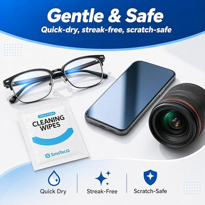 SmoTecQ Lens Wipes for Glasses, 180 Individually Wrapped Eyeglass Cleaning Wipes with 2 Microfiber Cloths for a Streak-Free Finish, Safe for Coated Lenses, Screens & Camera Lenses