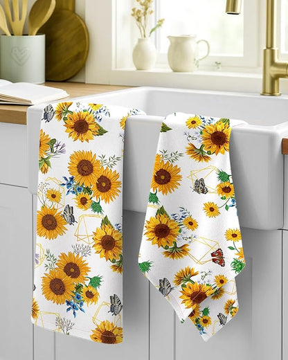 Miss Adola Flour Sack Kitchen Towels - Set of 2 Spring Dish Towels with Hanging Loop 18x26 Inch Absorbent Reusable Cotton Cloths for Cleaning Cute Design Home Decorative Housewarming, Sunflower