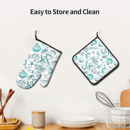 Nautical Oven Mitts and Pot Holders Sets Coastal Kitchen Mitts Potholders 2PCS Summer Starfish Seashell Coral Beach Oven Gloves Hot Pads for BBQ Grilling