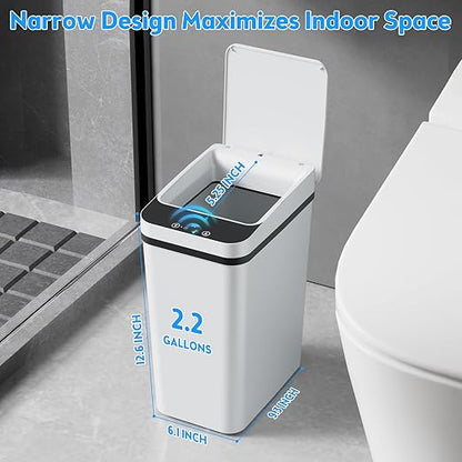 KOEYLE 2 Pack 2.2 Gallon Automatic Touchless Garbage Can, Small Motion Sensor Smart Trash Can, Slim Waterproof Trash Bin for Bedroom, Bathroom, Office, Living Room, White