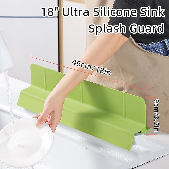 18" Upgraded Silicone Sink Splash Guard Released in 2026,Self-Draining Water Splash Guard for Kitchen Sink,Bathroom and Kitchen Island,with 3.5" High Splash Guard & 6 Strong Suction Cup (Green)