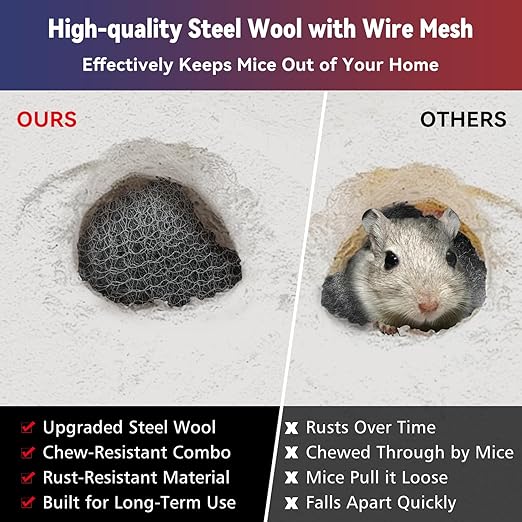 [Upgrade 4in1] Steel Wool Mice Control,Dual-Layer Protection for Mouse,Wire Mesh Hole Filler Gap Rodent Control Fill Fabric,Weep Hole Covers,3 Pack Steel Wool 0000&1 Pack Stainless Mesh Kit with Tools