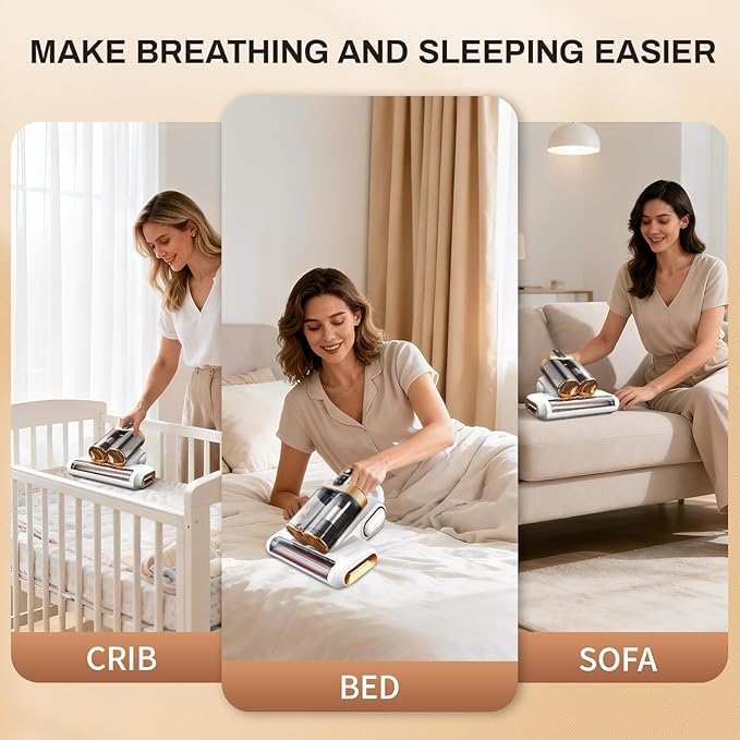 Cordless Mattress Vacuum Cleaner, 16Kpa Bed Vacuum Cleaner with 253.7nm UV-C Light & Ultrasonic Tech, HEPA Filter, Portable Handheld Vacuum for Bed Sofa Couch Crib & Pet Hair(Pearl White)