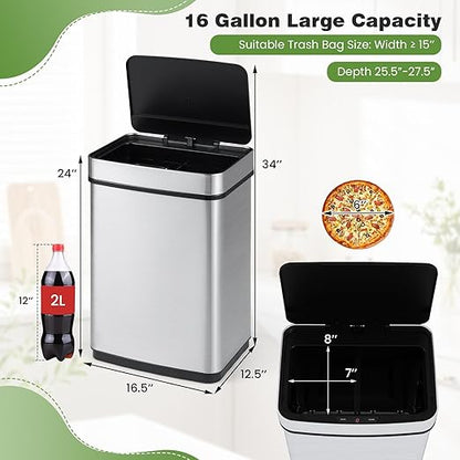 S AFSTAR 16 Gallon Motion Sensor Trash Can, Automatic Touchless Garbage Can with Dual Compartments, Stainless Steel Waste Bin for Kitchen, Bedroom & Bathroom