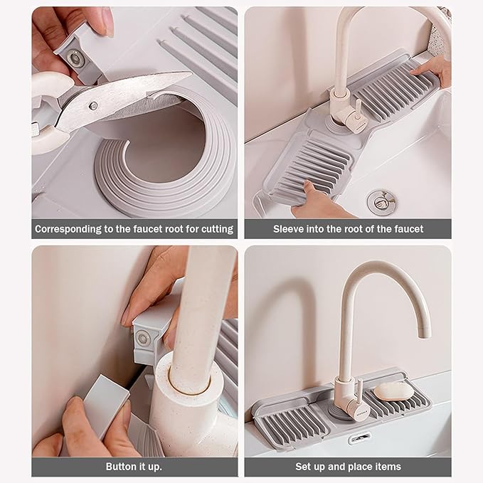 14.5" Silicone Faucet Handle Drip Catcher Tray,7° Sloped Self Draining Mat with Snap-on Design & Soap Holder, Sink Splash Guard for Kitchen & Bathroom, Trim-to-Fit Opening