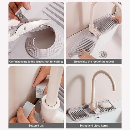 17" Silicone Faucet Handle Drip Catcher Tray,7° Sloped Self Draining Mat with Snap-on Design & Soap Holder, Sink Splash Guard for Kitchen & Bathroom, Trim-to-Fit Opening