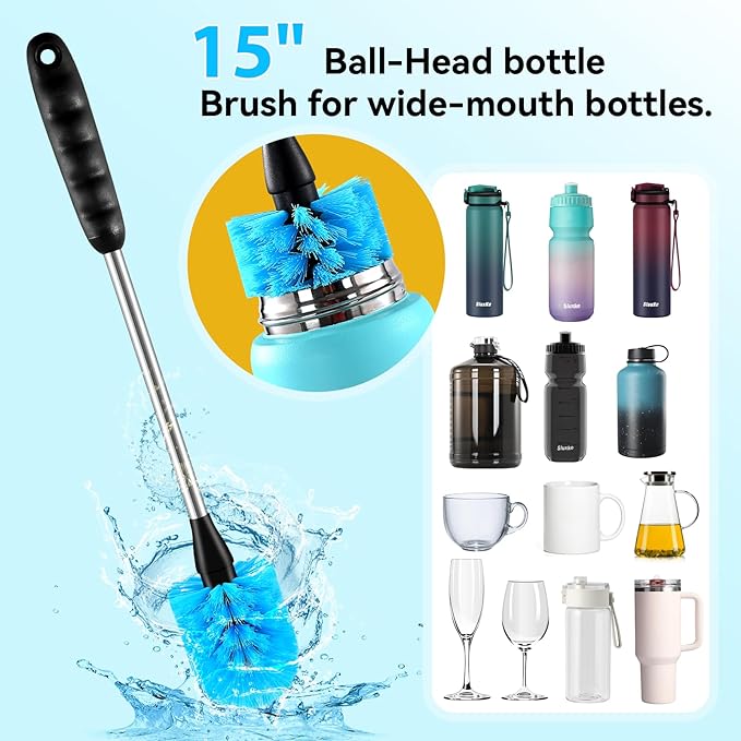 SLUXKE Long Handle Bottle Brush Set with Straw Cleaner Brush and 3 in 1 Cup Lid Cleaning Brush, Water Bottle Cleaner with Stainless Steel Handle for Cleaning Cup, Water Bottles, Tumblers, Baby Bottles