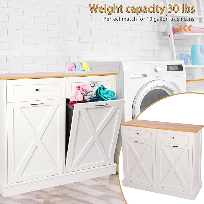 TOLEAD Double Tilt Out Trash Can Cabinet 2 x 10 Gallon Wooden Hidden Trash Cabinet with Barn Door & Solid Wood Top, Farmhouse Kitchen Garbage Bin Enclosure, Pet Proof Odor Blocking for Kitchen, White