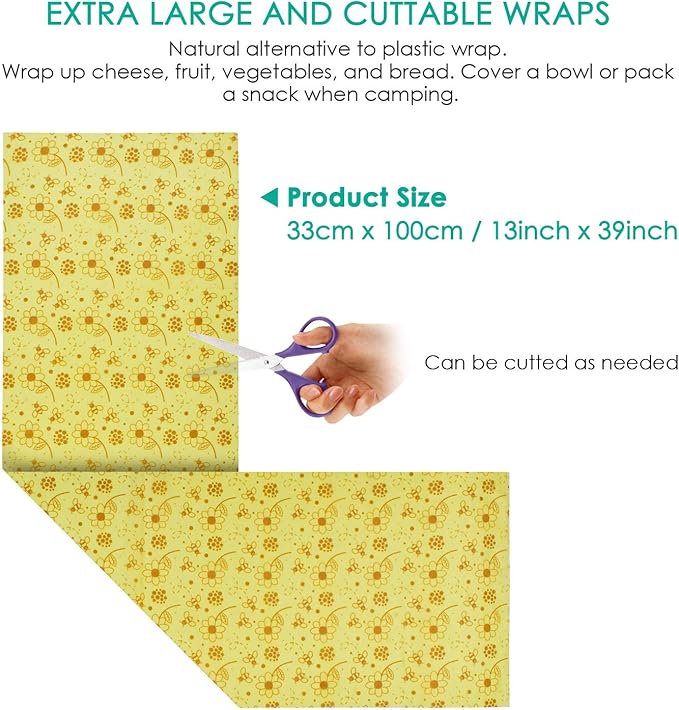 ERKOON Beeswax Food Wraps 1 Meter Roll 13 x 39 Inch Reusable Beeswax Wraps Eco-Friendly Sustainable Food Storage Wraps for Sandwich, Cheese, Fruit, Bread, Snacks (Flower Pattern)