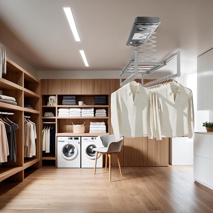 Ceiling Mounted Clothes Electric Ceiling Drying Rack 110V-120V, Ceiling Clothesline with Built-in Timer Heater,withDrying/Remote and Light 24W for Laundry/Indoors/Garage