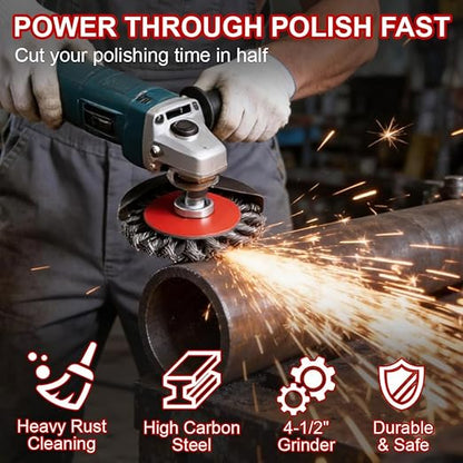 9 Pack Wire Wheel Brush for Angle Grinder, Wire Wheels Attachment for 4-1/2" Angle Grinders, Screws on 5/8” Thread, 4 Inch Knotted Twist Carbon Steel Brush Set for Rust, Paint & Metal Removal