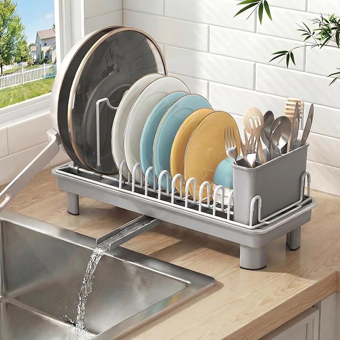 Dish Rack, Carbon Steel Small Dish Drying Rack Rustproof for Kitchen Counter, Compact Space-Saving Dish Drainer with Adjustable Slots for Small Kitchens & Apartments, 16.5×6.5×7inch, Grey