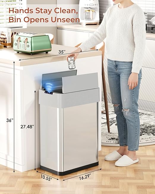 TLSUNNY 16 Gallon Automatic Trash Can, Stainless Steel Motion Sensor Garbage bin, Smart Trash Can W/Butterfly Lid, Bag Retainer Ring and Display Light for Living Room,Kitchen,Office (Silver, 60L)