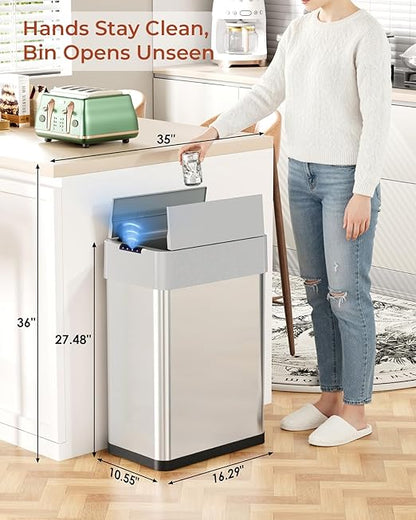 TLSUNNY 16 Gallon Automatic Trash Can, Stainless Steel Motion Sensor Garbage bin, Smart Trash Can W/Butterfly Lid, Bag Retainer Ring and Display Light for Living Room,Kitchen,Office (Silver, 60L)